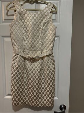 Sleeveless Textured Shimmery Belted Sheath Dress in Ivory